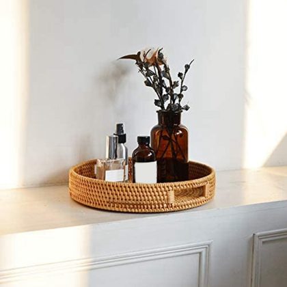 Round Rattan Serving Tray with Handles
