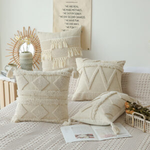 Boho Beige White Throw Pillow Covers Cotton Canvas