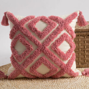 Pink Pillow Covers 45*45 Plaid Tufted Fringed